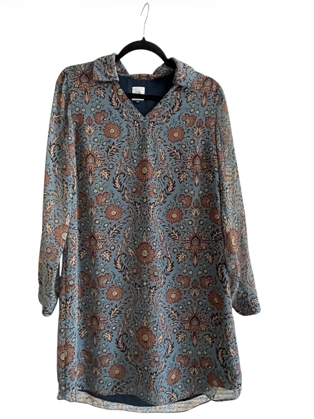 Cabi -Floral Long-Sleeve Tunic Dress in Blue and Brown